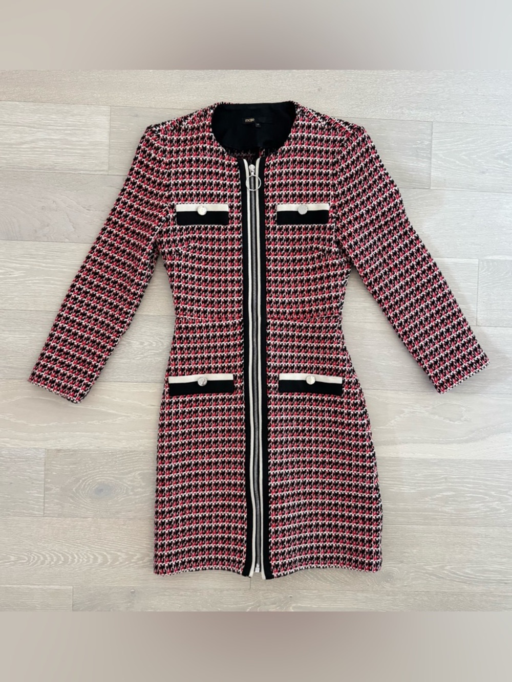 Maje Paris Romane Tweed Long Sleeve Full Zip Dress - Size 34